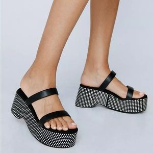 Nasty Gal Faux Leather Double Strap Embellished Platform Sandals